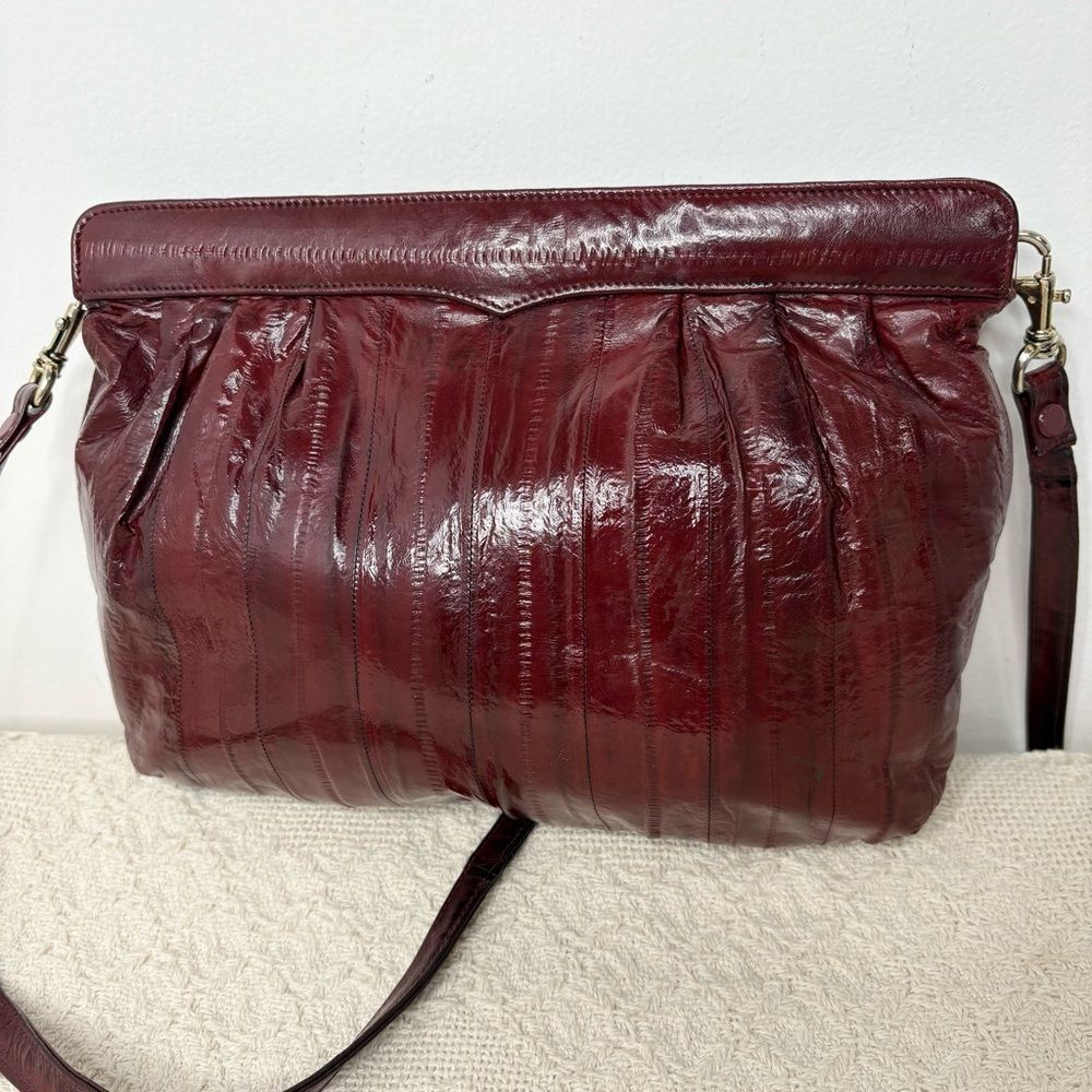 80s/90s Vintage Red Eel Skin Convertible Clutch Shoulder Bag Burgundy